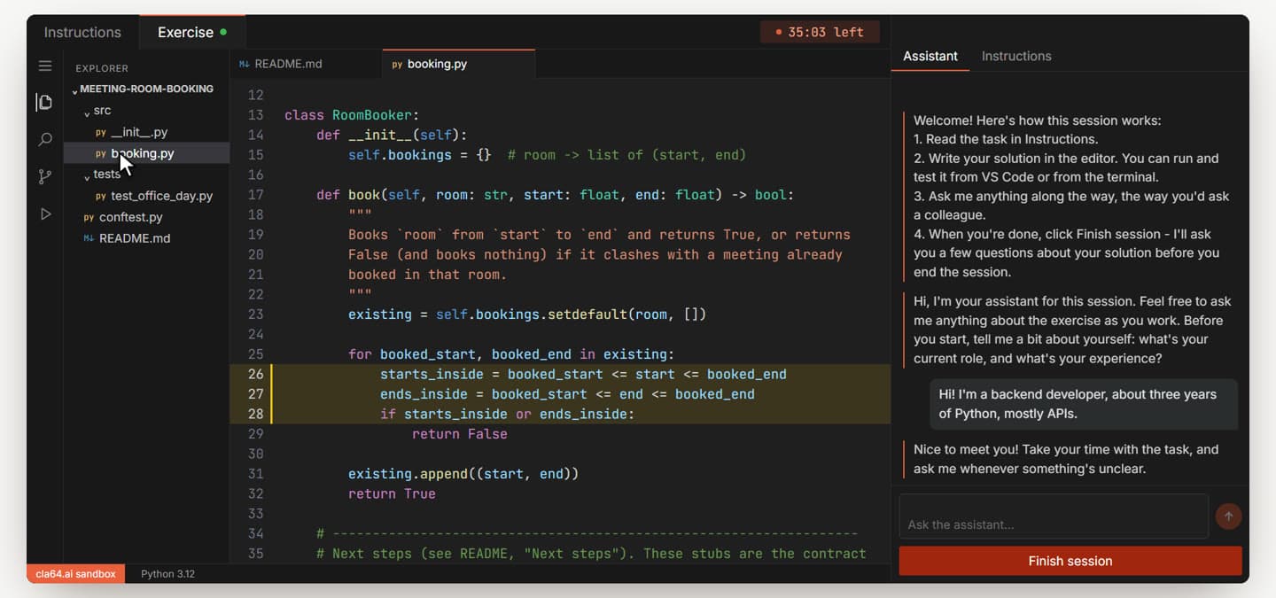 booking.py open in the editor, with the three lines of the overlap check highlighted.
