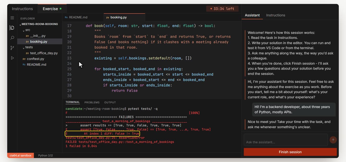 The terminal showing one failing test, with the line 'At index 1 diff: False != True' outlined.