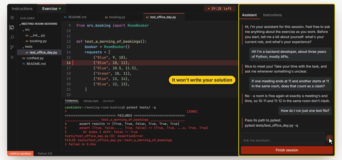 The candidate asks how to run one test file and gets the pytest command back.