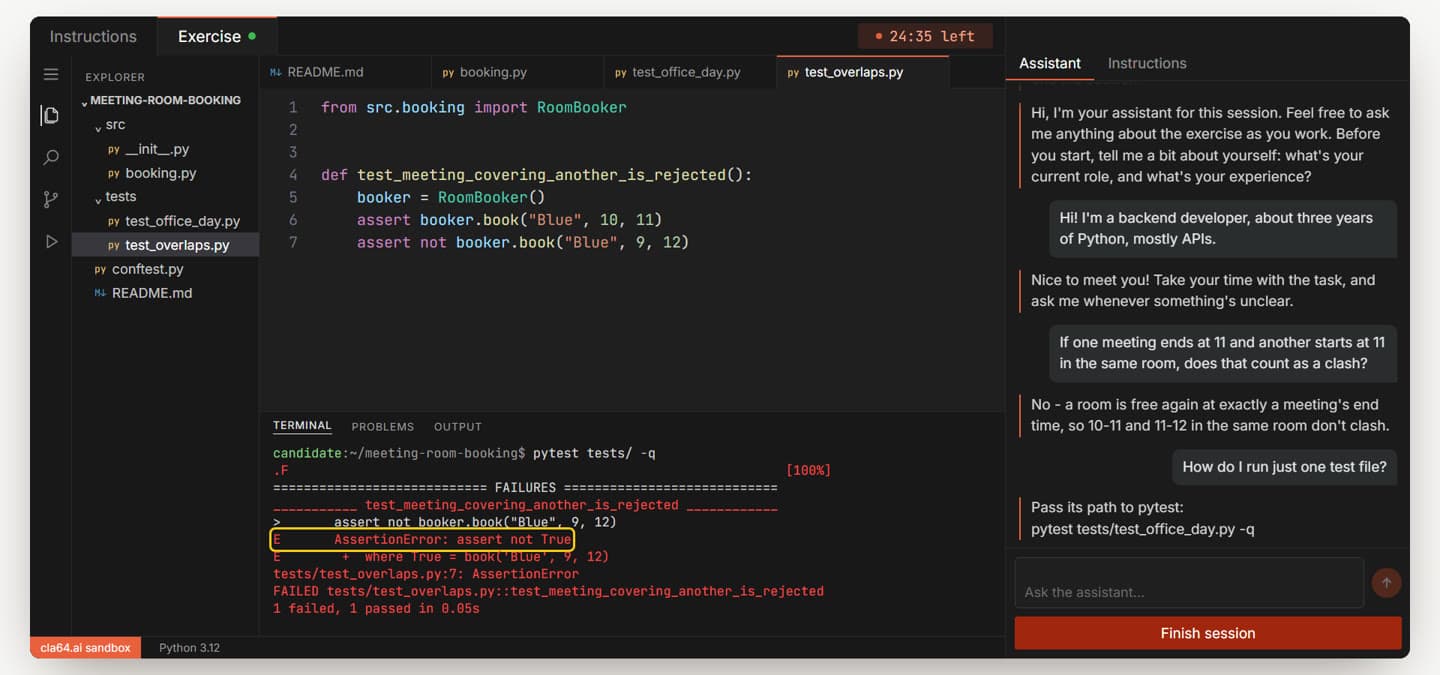 A new test file, test_overlaps.py, and its failing run in the terminal.
