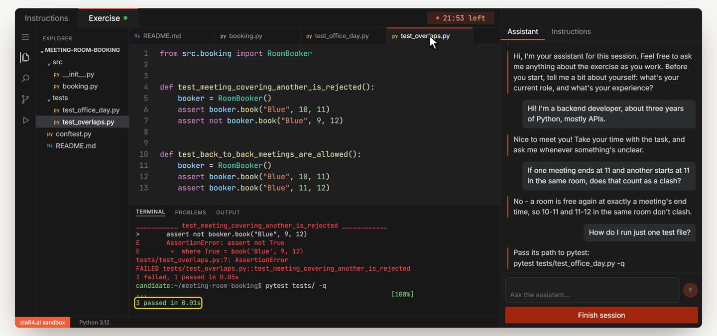Both tests in test_overlaps.py and a terminal showing 3 passed.