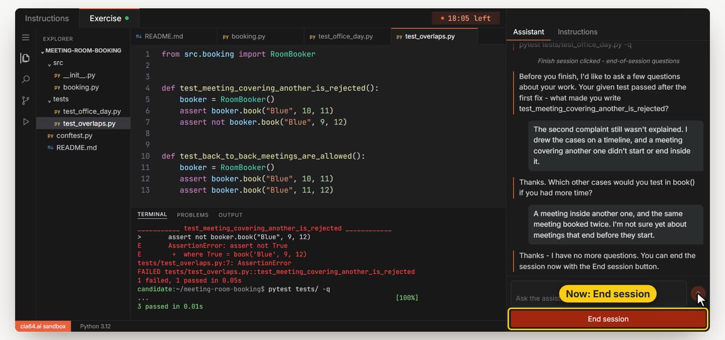 The end-of-session conversation in the chat, with the button now reading End session.
